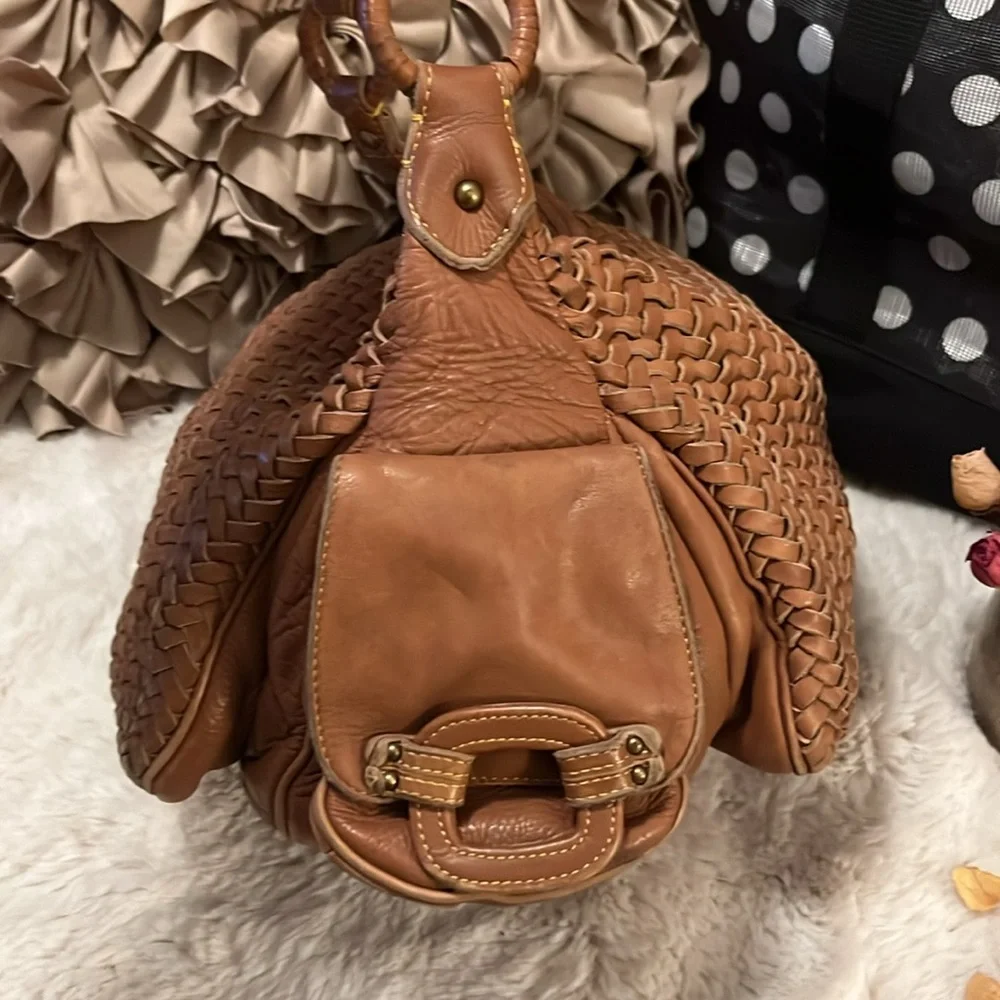 Cole Haan Tan Cognac Brown Neutral Woven Leather Hobo Shoulder Bag Boho Bag
